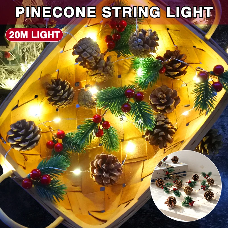 1set Christmas Pine Cone String Light 2m 20LED Xmas Tree Garland Wreath Outdoor Waterproof Fairy Lights Home Patio Decoration