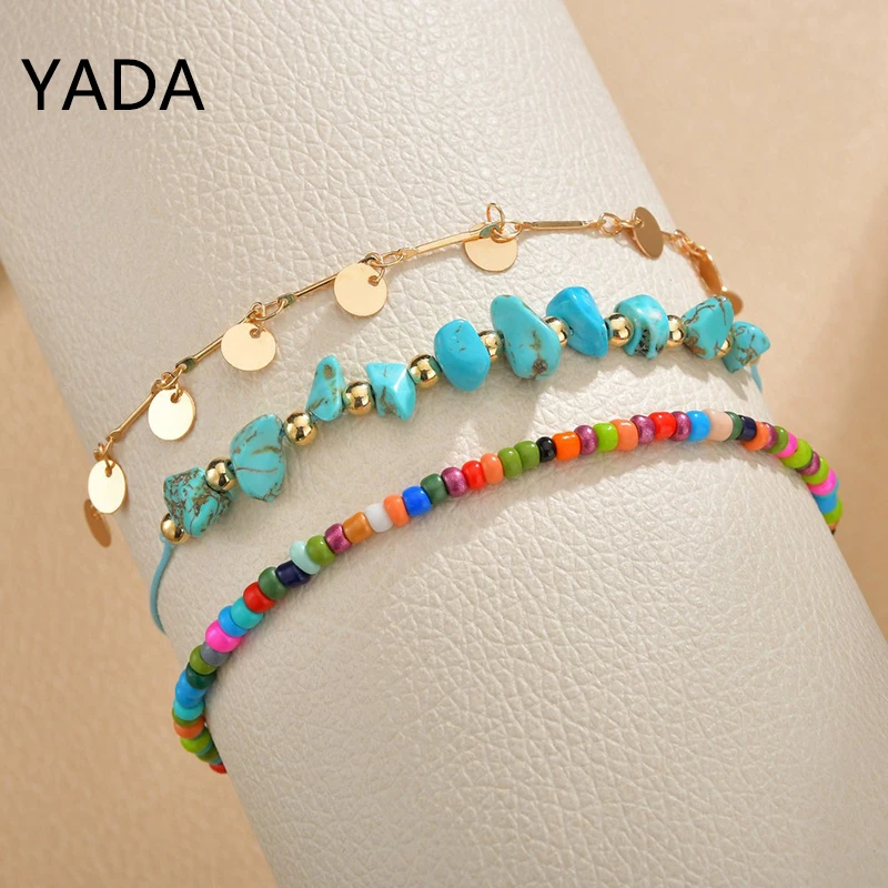 YADA Colorful Beads Anklets For Women Summer Beach Foot Ankle Barefoot Sandals Multilayer Metal Gold Round Ankle Female AT220004