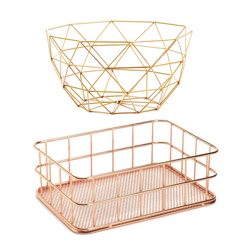 

2Pcs Storage Baskets Metal Art Snacks Candy Fruit Basket For Living Room Desktop Kitchen - Rose-Gold & Gold