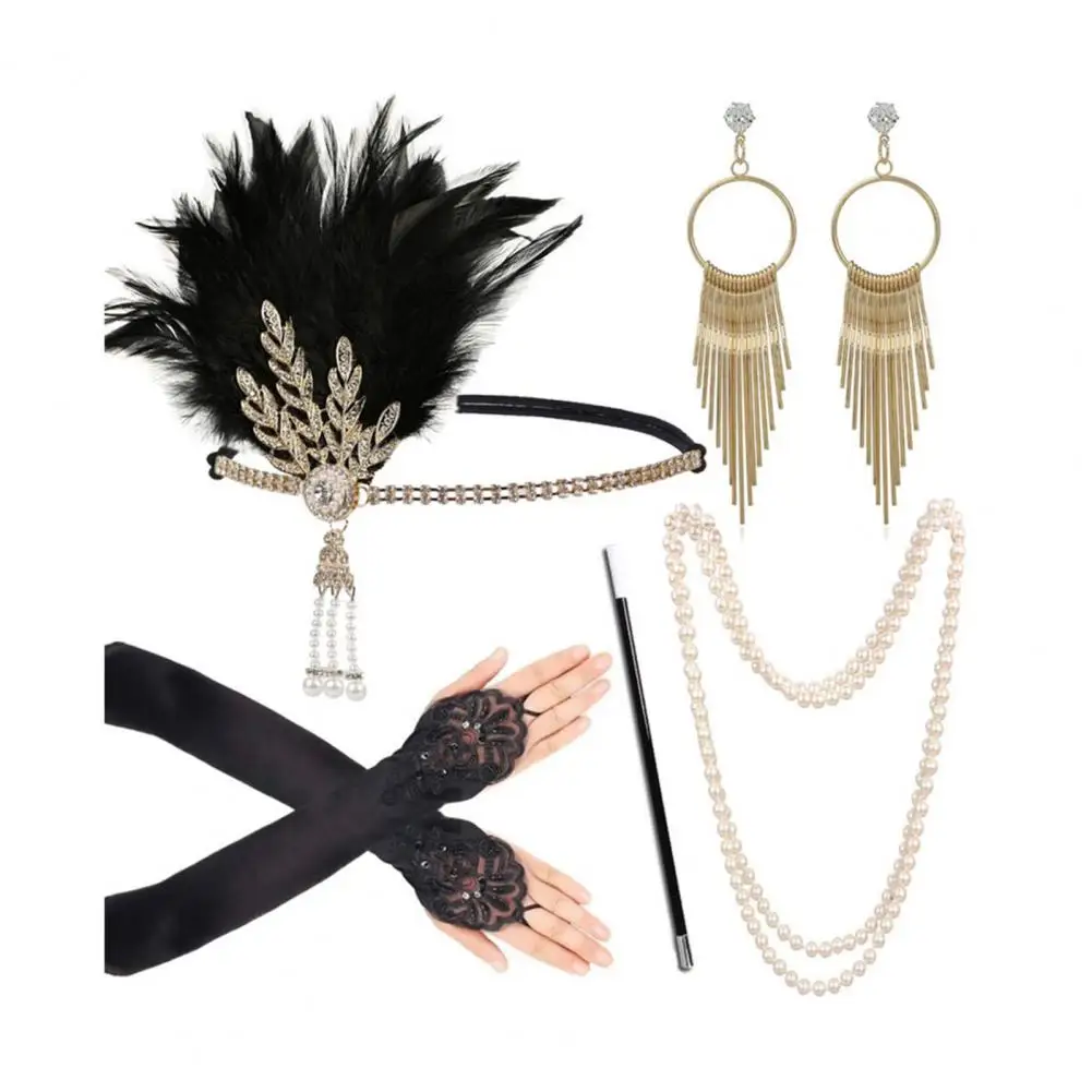 

1 Set 1920s Flapper Gatsby Costume Accessories Feather Rhinestones Decor Women Retro Headband Faux Pearl Necklace Gloves Rod Set