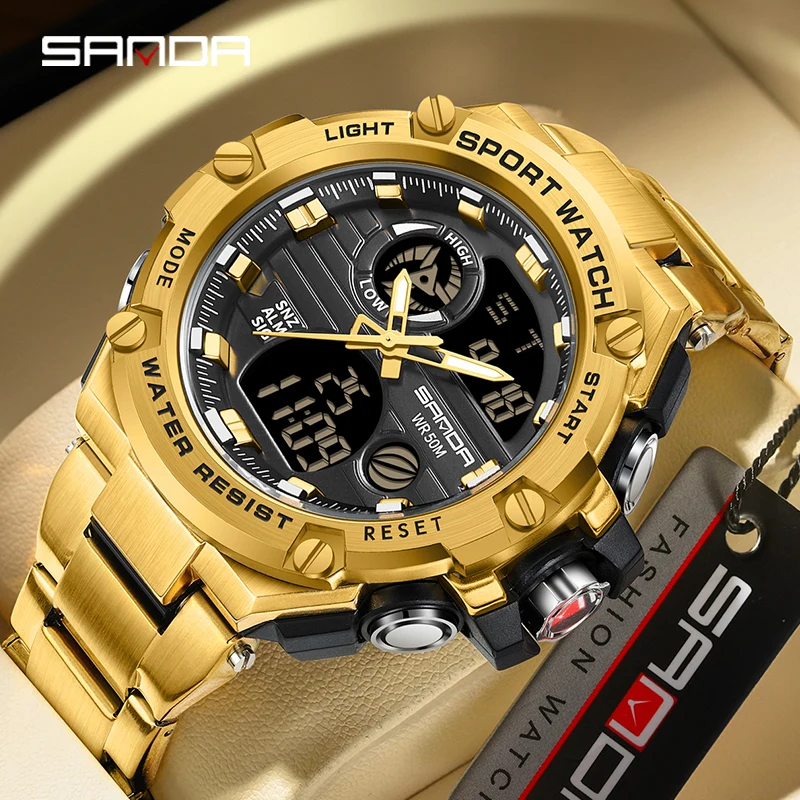 Часы наручные SANDA мужские в стиле милитари водонепроницаемость 50 м двойной