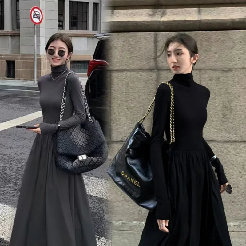 

2023 New French Style Temperament Women's High-Grade Black Dress Hepburn Style Gray Turtleneck Dress for Women Autumn and Winter