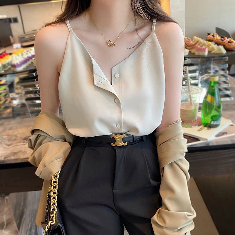 

White suspender vest women's summer suit inside and outside wear V-neck acetate silk loose new sleeveless bottoming top