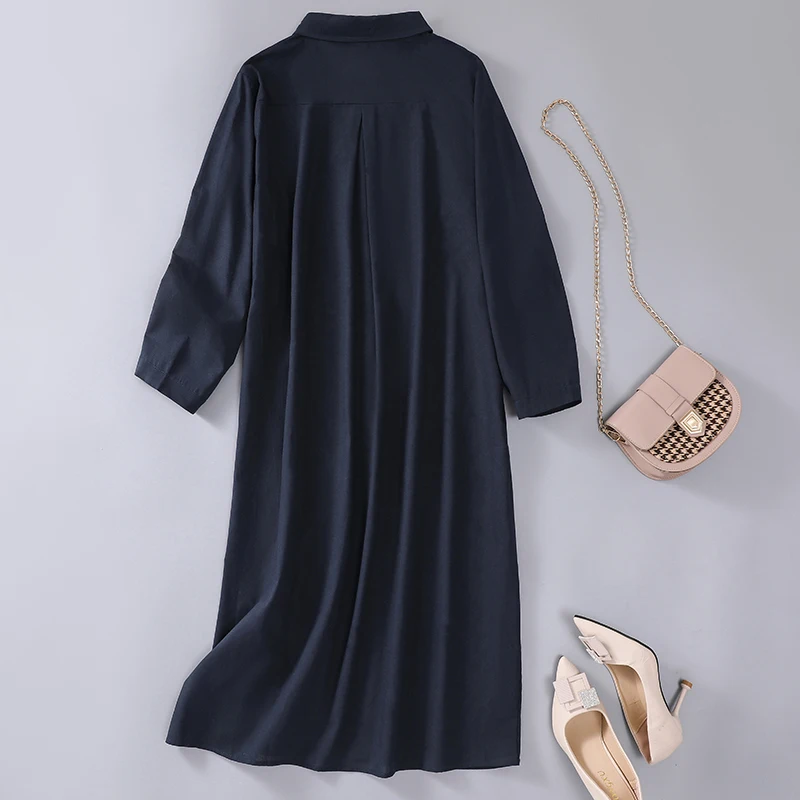 

SuperAen 2022 Весенняя модная однотонная Свободная Повседневная хлопковая льняная рубашка с отложным воротником, прямое платье до середины икры ...