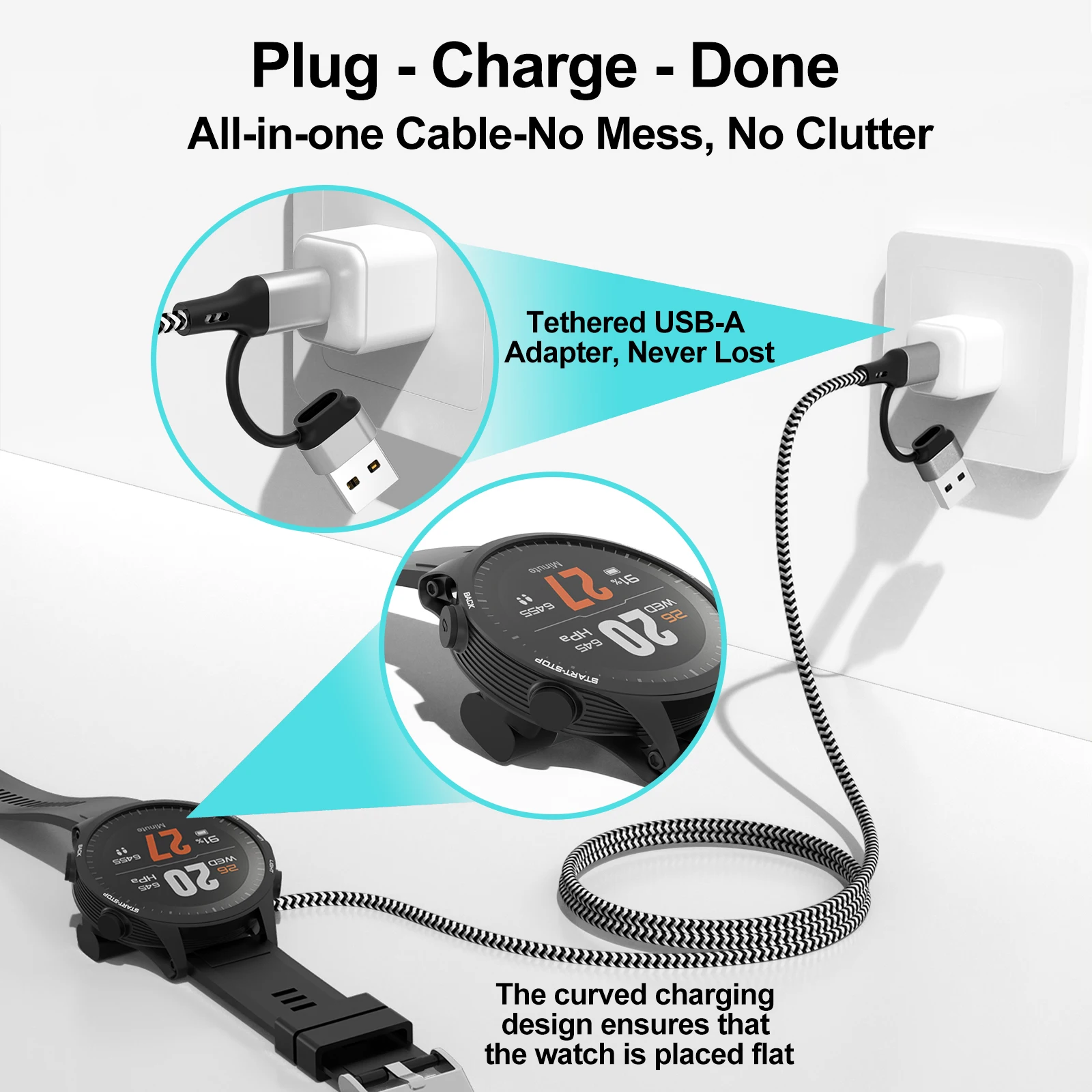 Фото Нейлоновый зарядный кабель USB Type C для Garmin Fenix 8/E/7/6/6X/6S/5X/5/5S Venu2/VenuSq2/3/3S Vivoactive4/4S/3 Approach S70/S62 №5