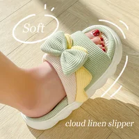 Home Green Linen Sandal for Women Cute Butterfly-knot Clouds Flip Flops Female Summer Cozy Shoes Slides Platform Ladies Slipper