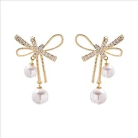 elegant bow imitation pearl earrings rhinestone sparkly earrings for womens fashion jewelry party gifts for wedding friends