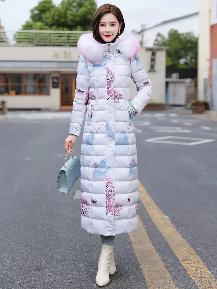 New Women Lengthened Down Coat Winter Fashion Real Fox Fur Collar Landscape Print Slim Down Jacket Thicken Warm Overcoat Female