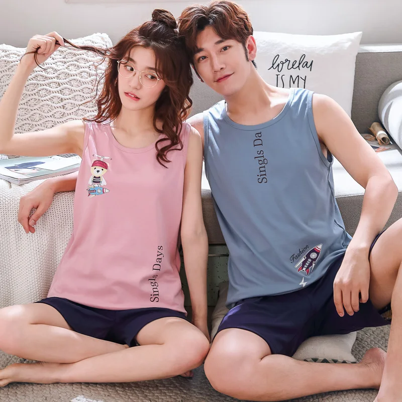 Летние хлопковые жилет для пары пижамные комплекты Мультяшные пижамы топы без