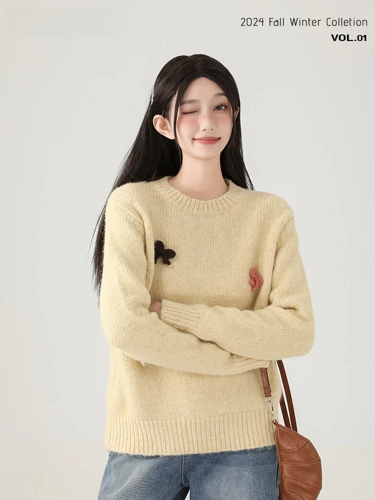 Anouou трехмерный свитер с круглым вырезом и вышивкой банта свободный