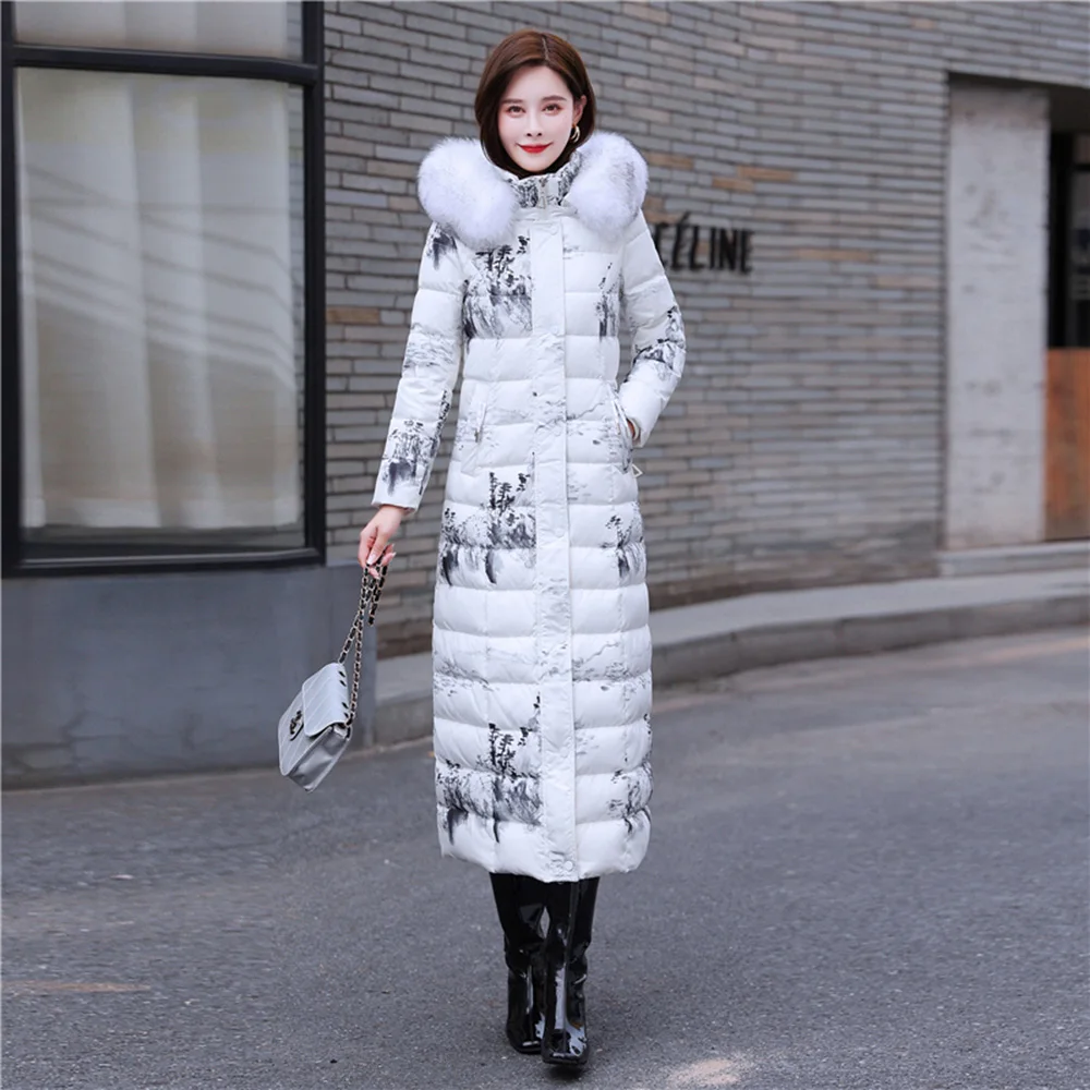 New Women Lengthened Down Coat Winter Fashion Real Fox Fur Collar Landscape Print Slim Down Jacket Thicken Warm Overcoat Female
