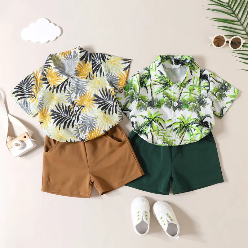 

SUNSIOM Baby Boys Clothes Set Coconut Tree Print Short Sleeve Turn-Down Collar Shirts Top with Elastic Waist Solid Color Shorts