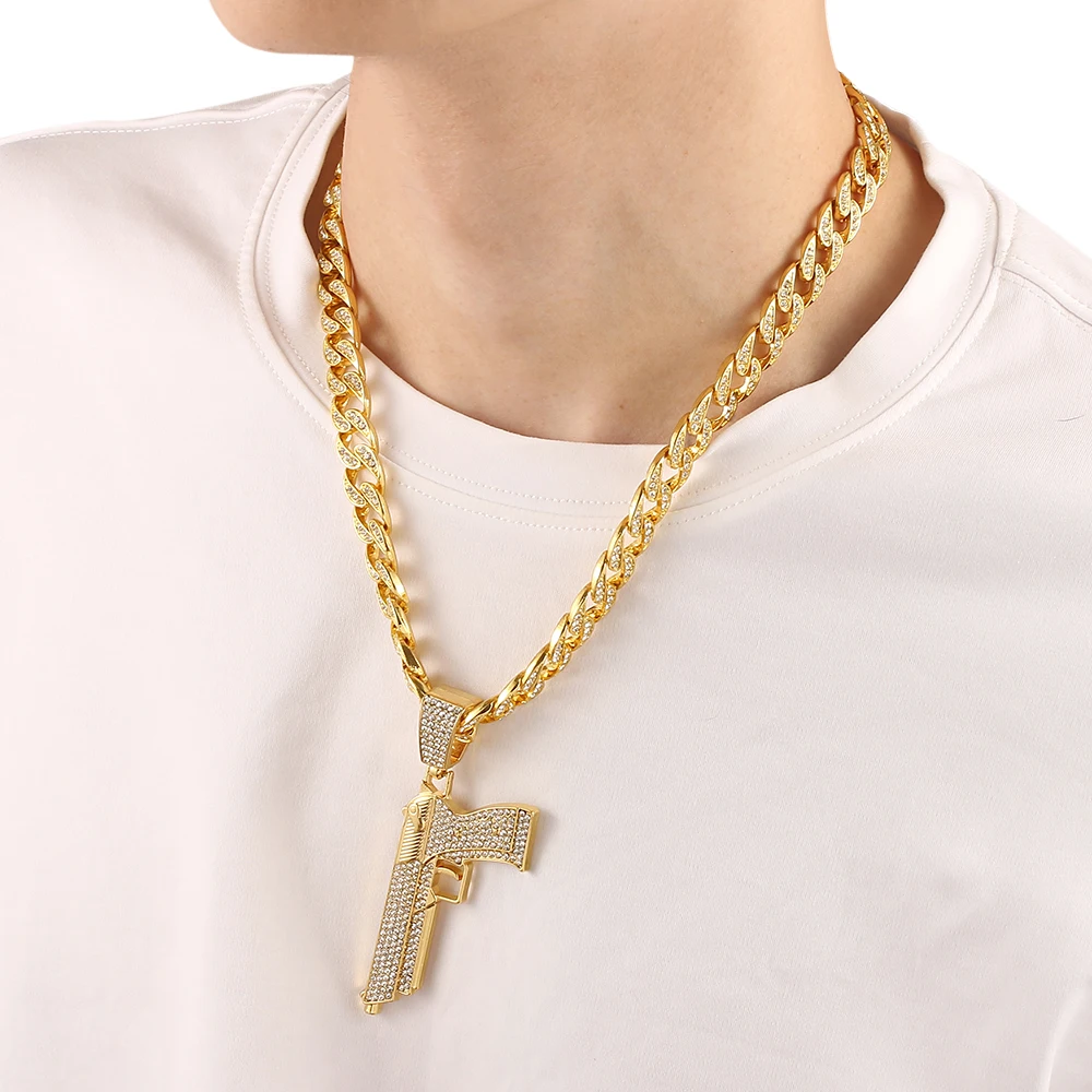 

Desert Eagle Pistol Gun Crystal Necklace Charm Male Cuban Chain Accessories Hip-hop Rock Jewelry Street Style