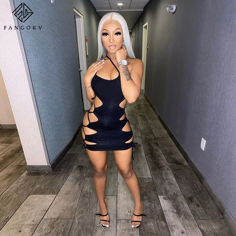 

Summer Black Sexy Hollow Out Lace Up Sling Slim Dress Women Fashion Sleeveless Clothing Lady Solid Mini Dresses