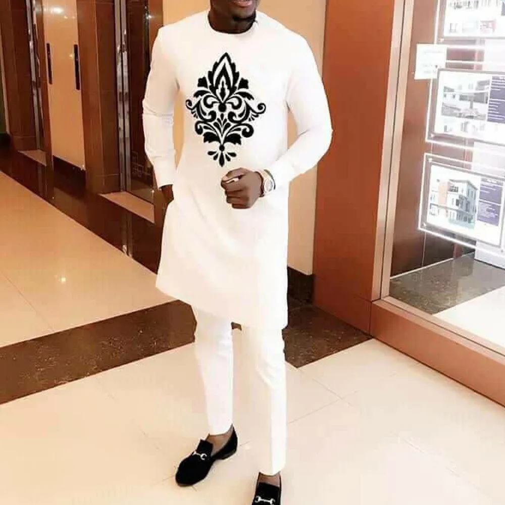 

Wepbel Muslim Robe Arab Men Thobe Ramadan African Style Pure White Simple Digital Printed Long-Sleeved Top Pants Men's Suit