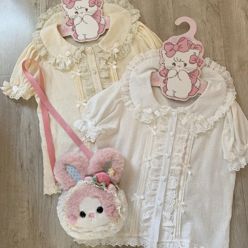 Фото Женские японские рубашки в стиле Sweet Lolita, винтажные блузки Y2K с кружевом и бантом, с отстегивающимися рукавами, одежда для девочек, милые топы Kawaii №2