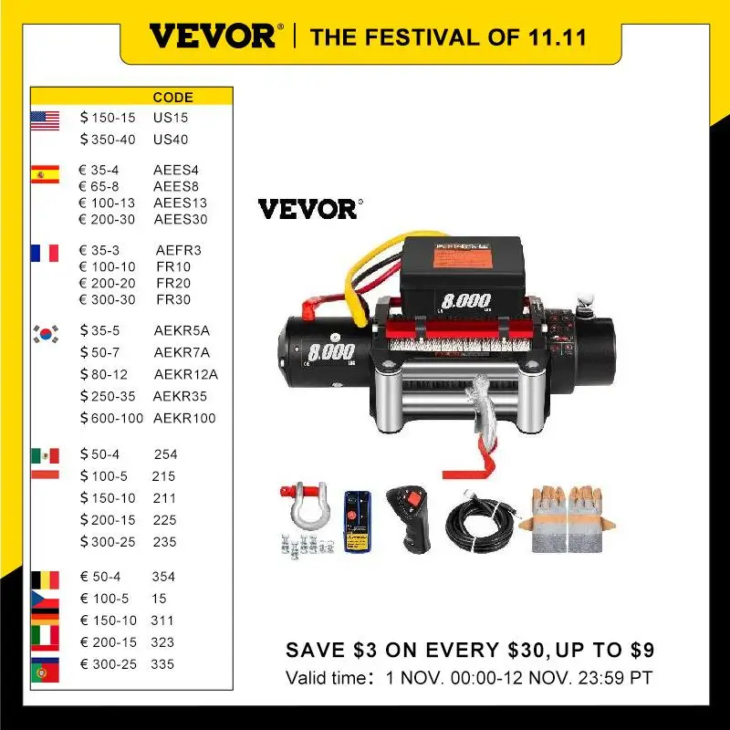 

Электрическая лебедка VEVOR 3000-фунтов 12 В с прочным стальным кабелем, беспроводное управление для внедорожника, лодки, грузовика, прицепа, вос...