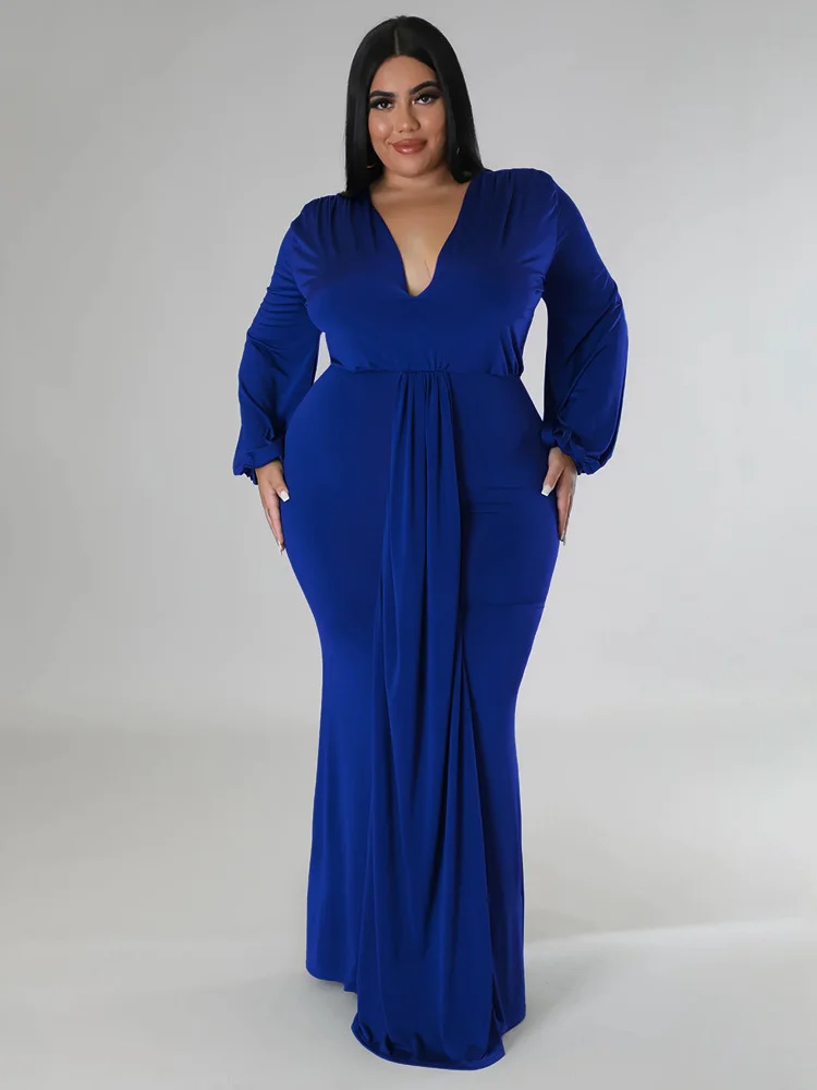 Plus Size Party Dresses for Women Long Sleeve Stretch Sexy v Neck Elegant Maxi Dress Fall Clothes Whol 3xl 4xl 5xl 6xl