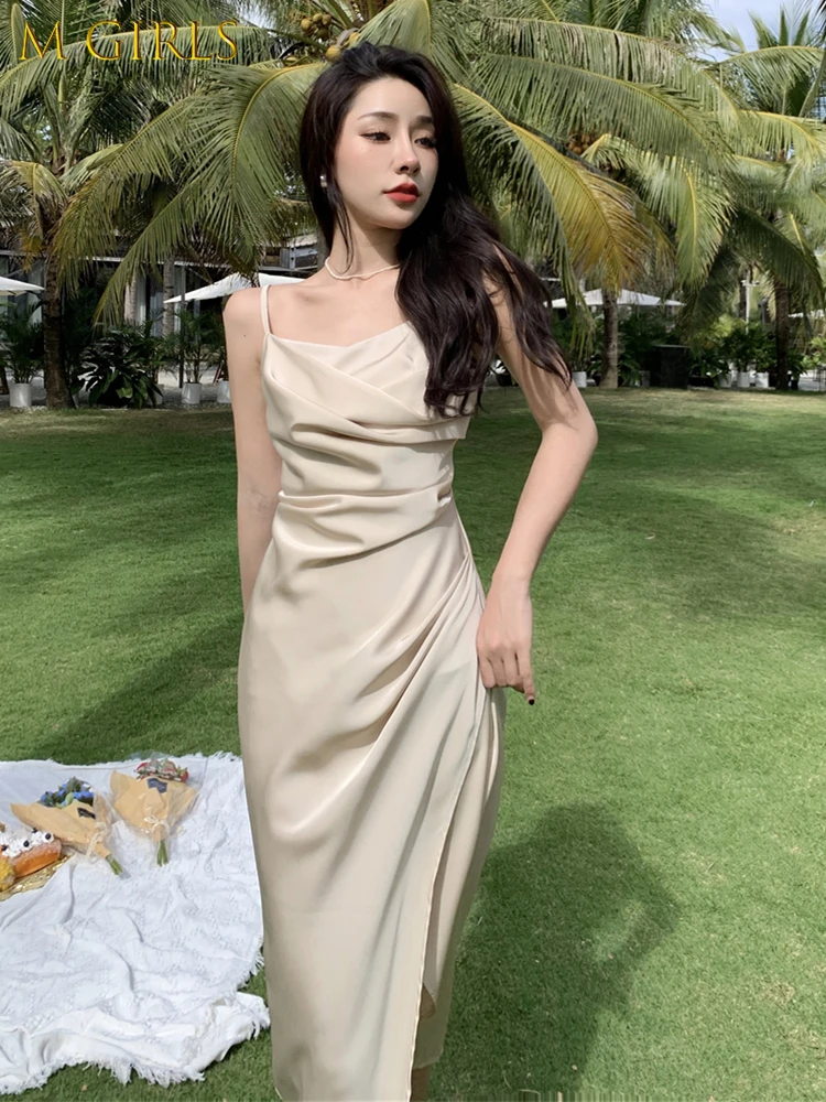 

M GIRLS Women Summer Backless Elegant Sexy Spaghetti Straps Midi Dress Female Fashion Sleeveless Split Bodycon Clothes Vestdios