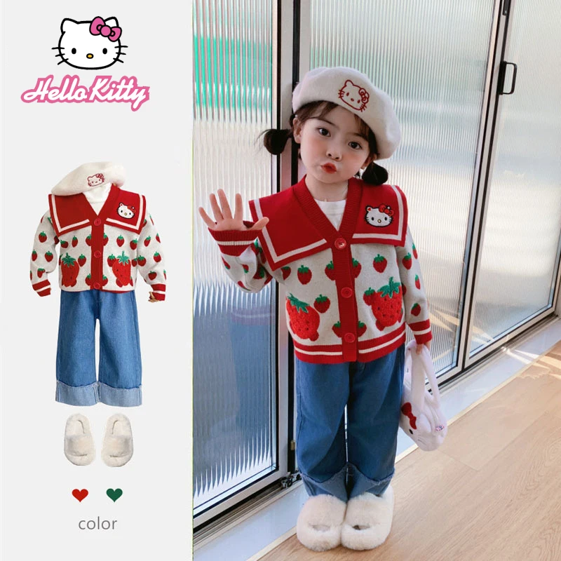 

Вязаный кардиган с вышивкой Hellokittys Sanrios, свитер с длинными рукавами для девочек, пальто с лацканами, детские свитера, пальто, джинсы, газовая юбка
