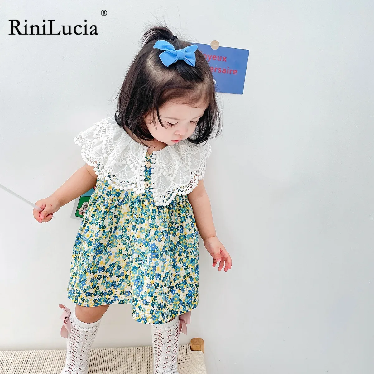 

RiniLucia Summer Toddler Infant Girl Clothes Baby Beach Dresses Big Lace Collar Sleeveless Floral Cotton Newborn Princess Dress