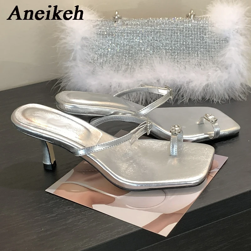 

Aneikeh блестящие украшения с хрустальной пряжкой, Женская лакированная кожа 2023, квадратный носок, тонкий каблук, Повседневные тапочки 35-40