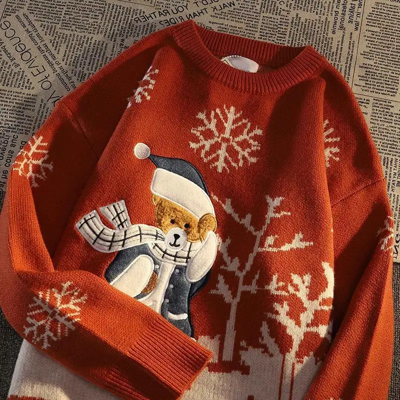 

Винтажный Красный Рождественский свитер, Зимний вязаный свитер свободного покроя в виде снежинки, медведя, пары, модные топы 2022 для женщин