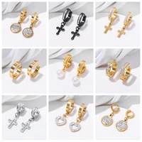 essff 1 pair crosscircle crystals rhinestone hoop earrings for women men stainless steeltitanium jewelry wholesale