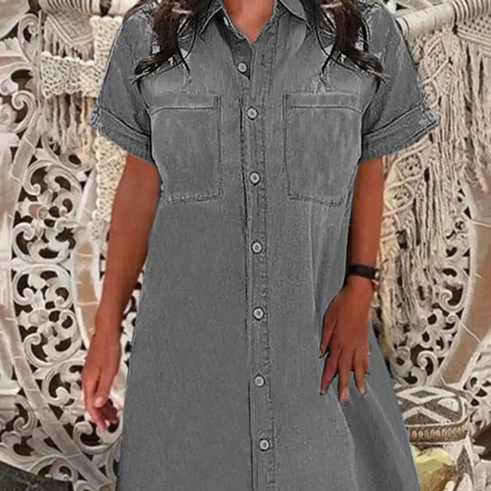 

Jean Dress Pure Colour Women Dress Turndown Collar A-Line Dress
