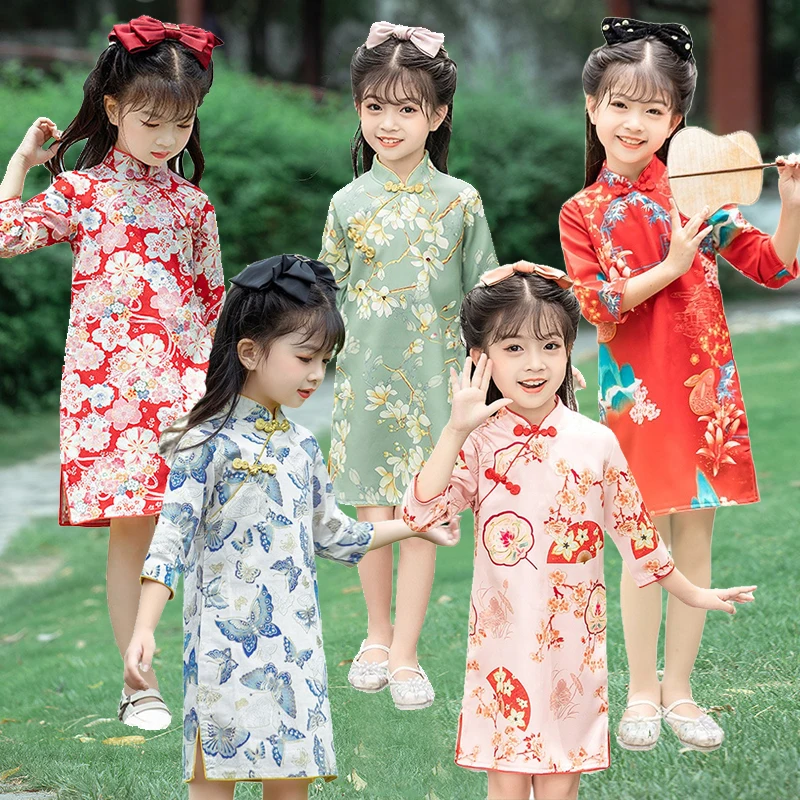 Qipao de verano para niñas de 1 a 10 años, minivestido Floral, Cheongsam de estilo chino, trajes étnicos tradicionales