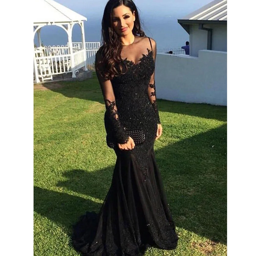 

New Mermaid Evening Dress 2023 O Neck Lace Applique Long Sleeves Black Party Gown Illusion Top Design Chapel Train Holiday Gala