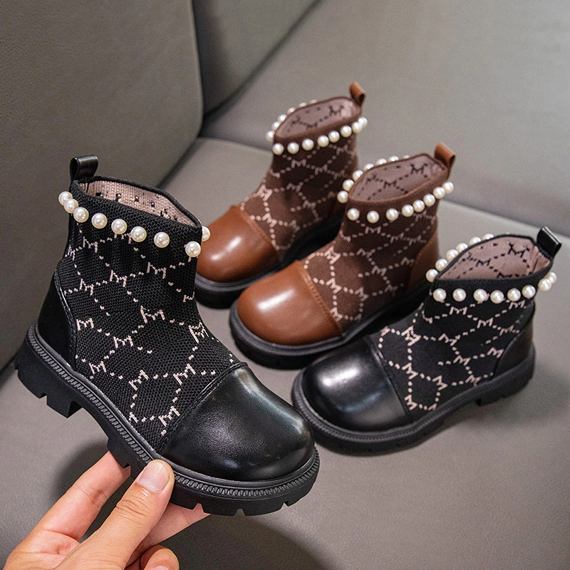 

Girls Ankle Boots Pearls Unique Korean Style Versatile Sweet Princess Kids Fashion Breathable Splicing Casual Child Sock Shoes