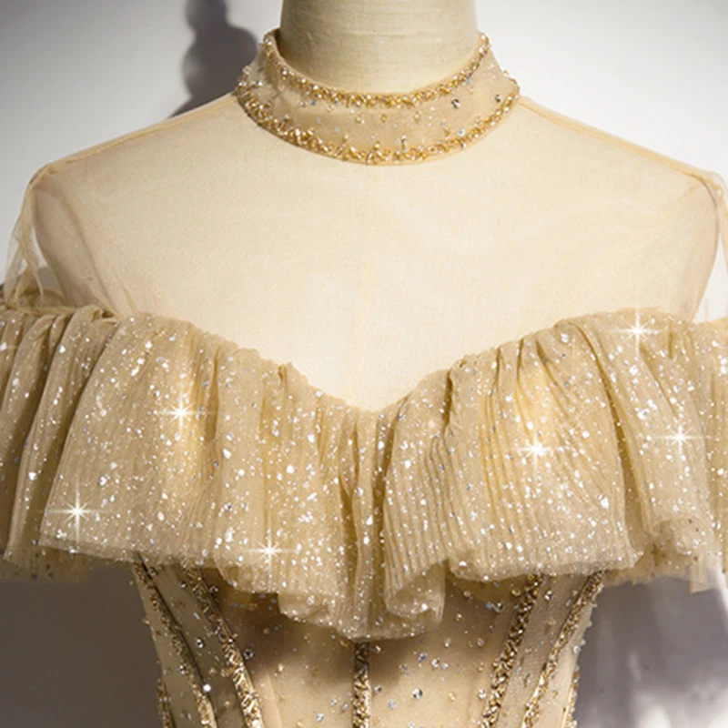 2023 New Golden Evening Gown Women's Banquet Temperament Evening Party Princess Puffy Skirt Long Dress Evening Gown