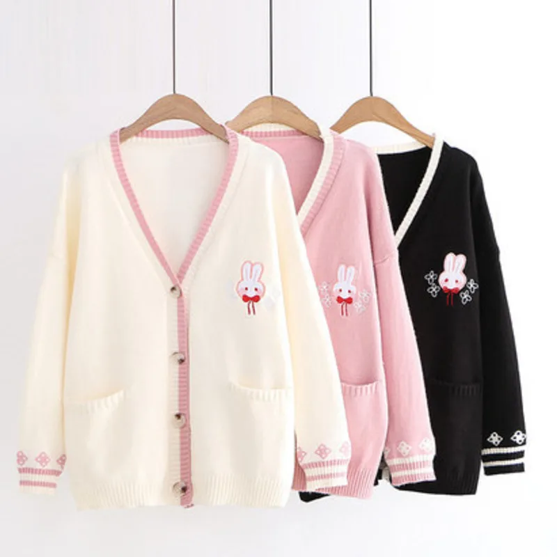 

Cartoon Embroidered Bunny Loose Knitted Cardigan Coat Women's Spring Autumn Korean Pocket Long Sleeve Sweater Outwear Female