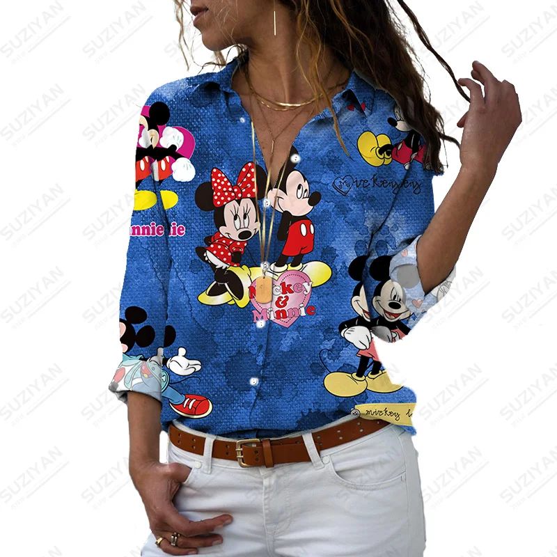 

Рубашка с рисунком Микки и Минни Диснея, повседневные офисные рубашки, женские рубашки с лацканами, Женская свободная футболка с длинным ру...