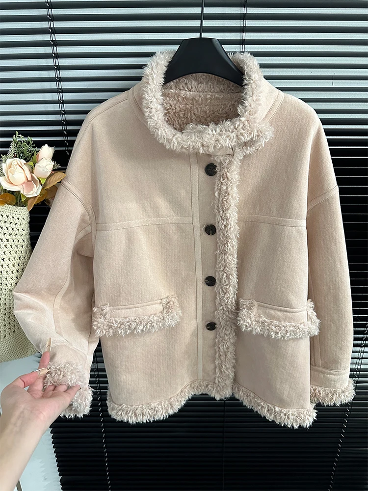 Korean Series Warm Fur Collar Suede Thickened Integrated Women 2024 Winter New Lamb Wool Mid-Length Outerwear Tide
