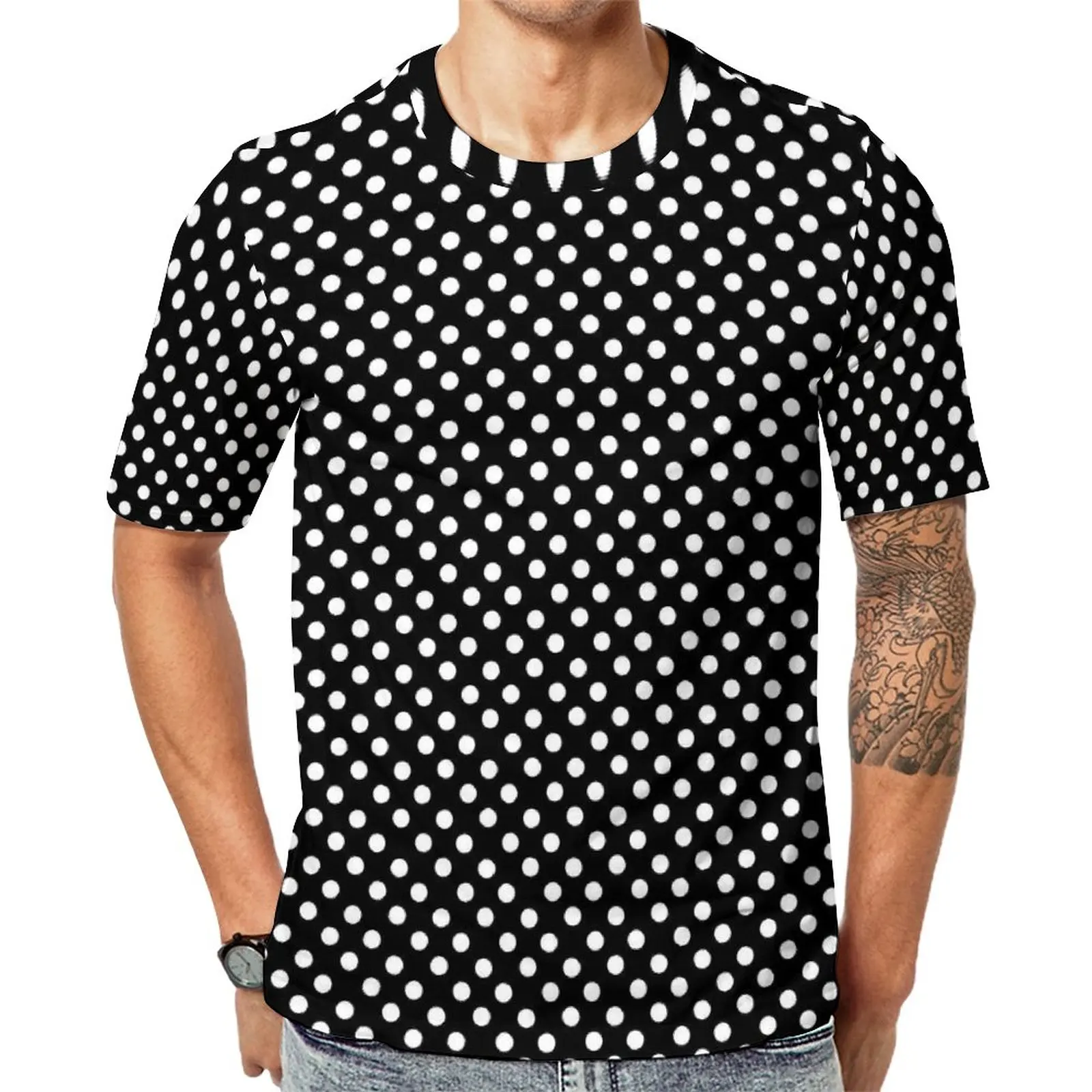 

Polka Dots Print T Shirt Black and White Kawaii T Shirts Crew Neck Cool Tee Shirt Original Mens Graphic Tees 4XL 5XL 6XL