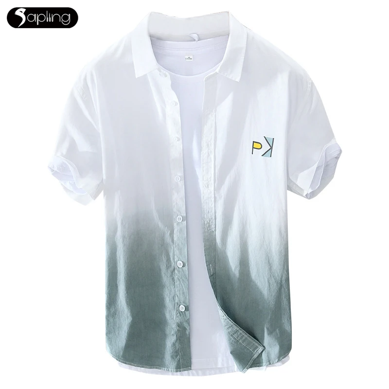 

Summer New Men's Casual Gradient Shirt Men Short-sleeved Embroidered Shirt Men Thin Fashion Cotton Top Loose Handsome Coat Shirt