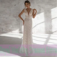 retro sheath lace handmade flower v neck wedding dresses 2022 applique open back floor length print bridal gowns robe de ma