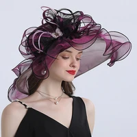 2022new fashion lace bow flower elegant sun hats wide brim fedoras hats church caps summer women foldable travel beach hat