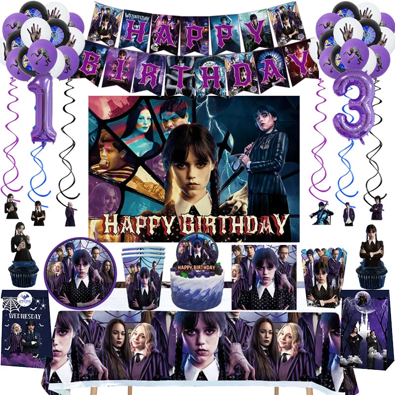 

The Movie Wednesday Addams Birthday Party Decorations Wednesday Disposable Tableware Balloon Backdrop Baby Shower Party Supplies