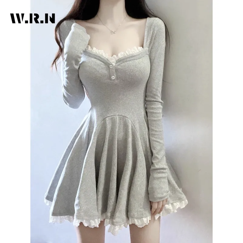 

Женское однотонное платье в стиле ретро, Осеннее кружевное простое плиссированное платье с квадратным вырезом и длинным рукавом, в винтажном французском стиле