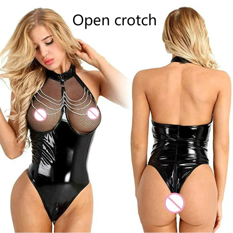 Erotic Sexy Crotchless Latex Catsuit Fishnet Clothing Open Crotch Jumpsuit Patent Leather Breast Exposing Bodysuit Lingerie