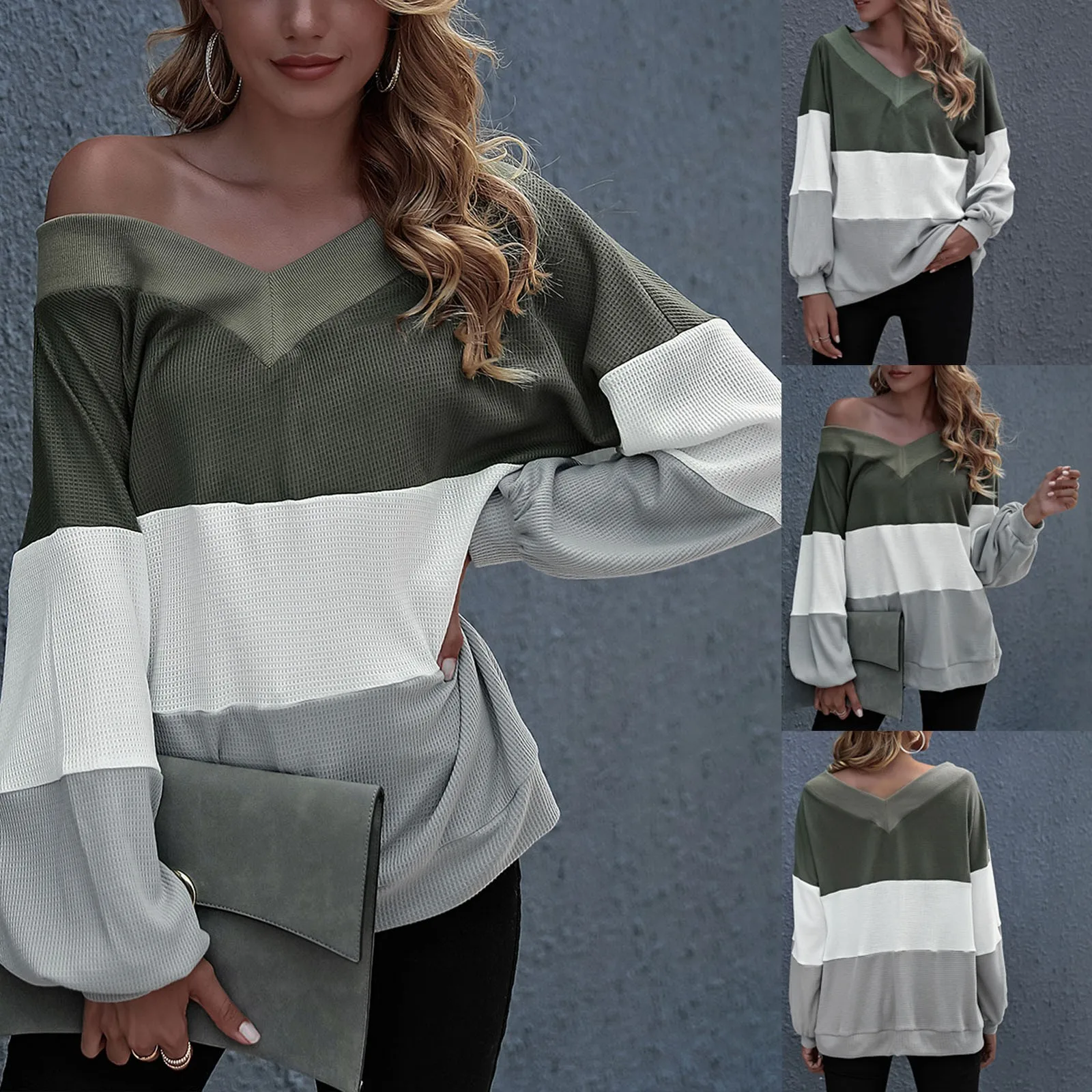 

Workout Shirt Womens Splicing One-Piece Casual Long-Sleeved Fashion Women's Collar Loose Tops Women's Blouse Deep V Neck Shirt