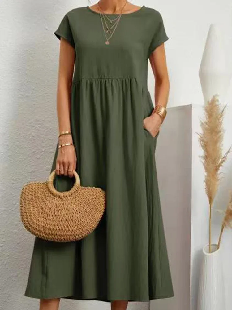 

Boho Cotton Long Dresses Women Summer Casual Loose Short Sleeve Elegant Fashion Solid Color Beach Sundress With Pockets