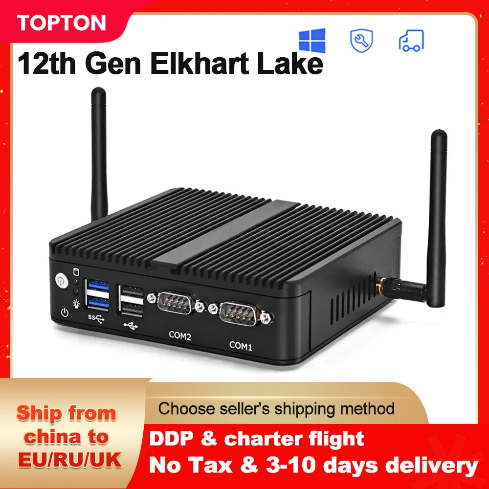 Topton Fanless Mini PC Intel Celeron J6412 J4125 Quad Core Dual Gigabit LAN 2x RS232 4xUSB Windows 10 Linux Industrial Computer