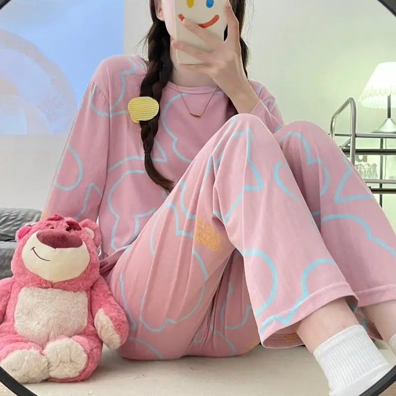 New Spring and Autumn New Pajamas Ladies Long-sleeved Trousers Cardigan Print Sweet and Fresh Home Service Women's Pajamas Set