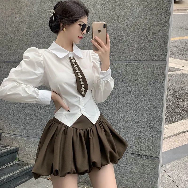 

2022 Women's Spring New Korean Two Piece Sets Female Long Sleeve Solid Shirts + High Waist Pleated Skirts Ladies Suits R237
