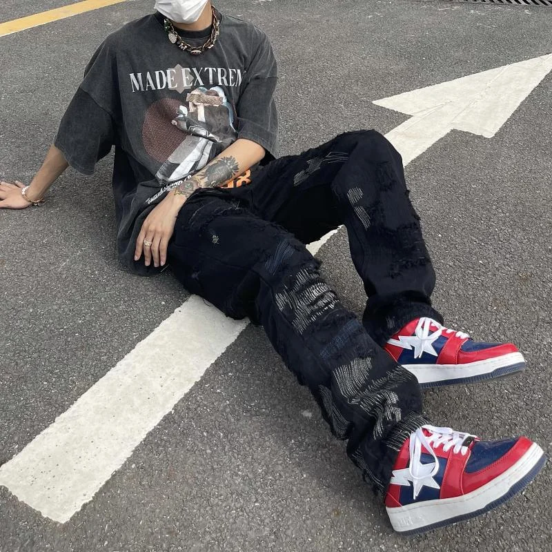 DEEPTOWN Ripped Straight Jeans for Men Hip Hop Straight Denim Pants Hole Fashion Trousers Male Black White Loose Casual Spring