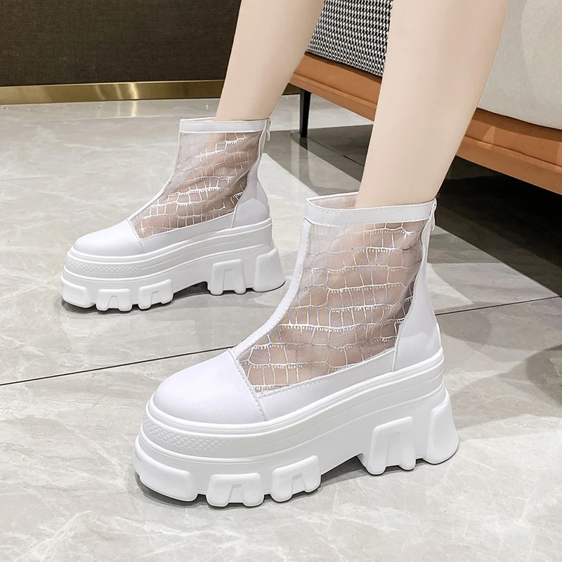 Chunky Summer Sneakers Women 2022 Thick Sole Platform Vulcanize Shoes Woman Casual 8CM Breathable Mesh White Shoes High Heels